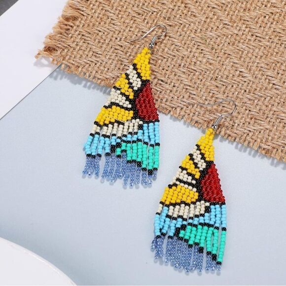 Multicolor Boho Seed Bead Tassel Dangling Statement French Wire Hook Earrings - Picture 2 of 8